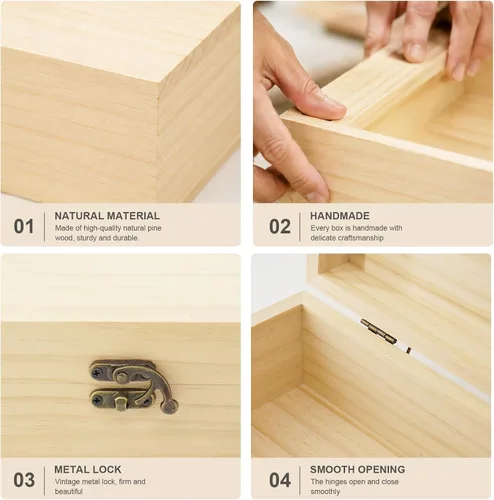 Vista 6 de JJSQ - Caja de almacenamiento de madera pequeña con tapa con bisagras, rectangular, sin terminar, sin pintar, caja de almacenamiento de madera