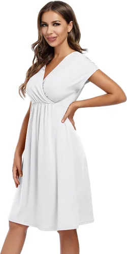 Vista 2 de Coolmee Vestido de maternidad para mujer, con cuello en V, acampanado, longitud hasta la rodilla, vestido cruzado para baby shower o uso casual