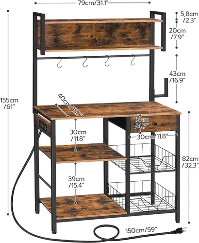 Vista 3 de HOOBRO Estante para panaderos con 4 tomas de corriente alterna, barra de café de 5 niveles con cesta de alambre, soporte para microondas con soporte