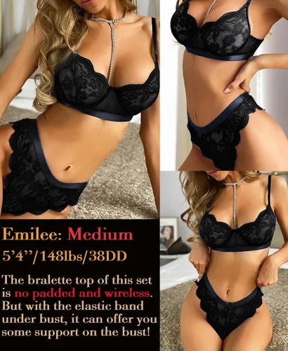 Vista 5 de KYLELOVE Conjunto de lencería para mujer, conjunto de brasier y bragas inalámbricos, trajes de boudoir de encaje