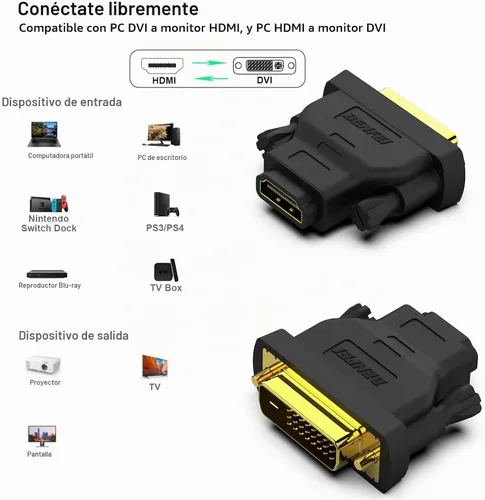 Vista 3 de BENFEI Adaptador DVI a HDMI, DVI-D bidireccional a HDMI macho a hembra con cable chapado en oro, paquete de 2