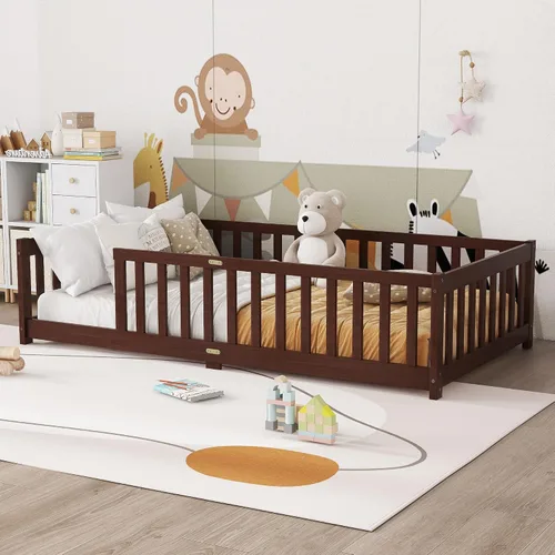 Vista 4 de Twin Size Floor Bed with Slats and Guardrails, Wood Floor Bed, Espresso