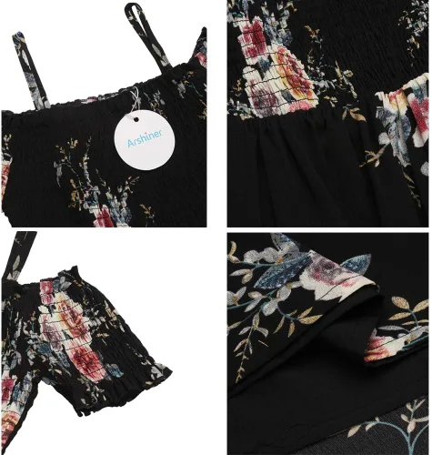 Vista 9 de Arshiner Vestido casual de verano sin mangas floral para niñas Negro