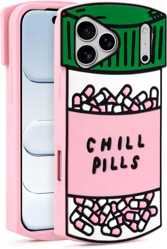 Vista 12 de Dumkery Funda para iPhone 13 Pro Max con pastillas para enfriar, iPhone 14 Pro Max, botella de cápsula para iPhone 15 Pro Max 3D de dibujos animados