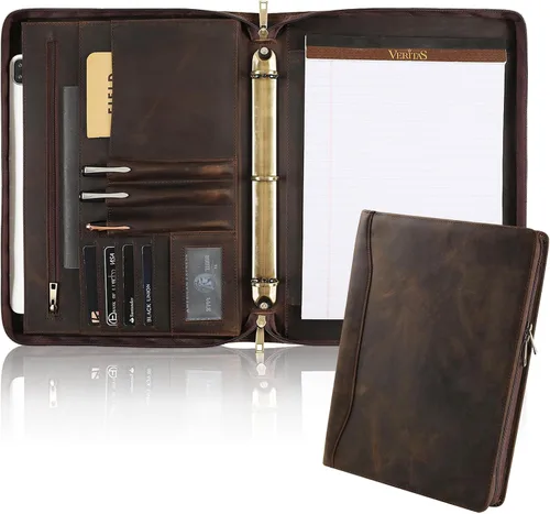 Vista 12 de Organizador de cartera de cuero genuino, carpeta de 3 anillos con bloc de notas, carpeta de cuero personalizada para hombres y mujeres