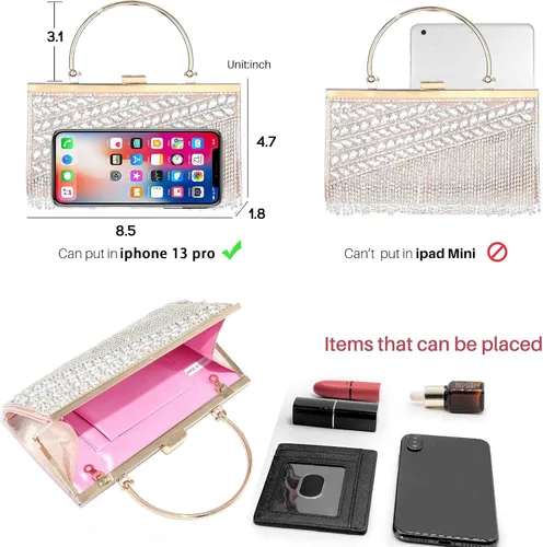 Vista 5 de Yokawe Bolso de mano con cristales brillantes para mujer bolso de noche con borla de diamantes de imitación para bodas fiestas bailes cócteles