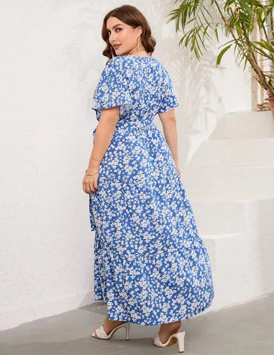 Vista 4 de KOJOOIN Vestido largo cruzado con cuello en V para mujer, talla grande, manga corta, cintura alta, volantes, vestido casual de verano con cinturón