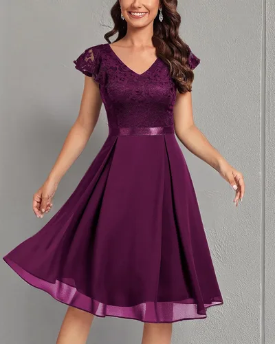 Vista 5 de MISSMAY Vestido retro de cóctel de estilo clásico con encaje y cuello en V para mujer