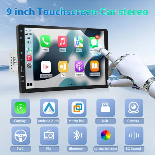 Vista 7 de Radio estéreo de coche de 9 pulgadas con Apple Carplay inalámbrico y Android Auto, 1 DIN Bluetooth receptor de audio para coche pantalla táctil