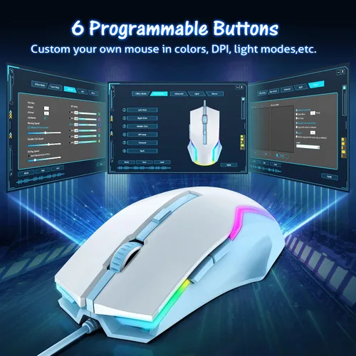 Vista 6 de WEEMSBOX Mouse para juegos con cable con 7 modos retroiluminados RGB mouse blanco para juegos 8000 DPI ajustables 6 botones programables mouse