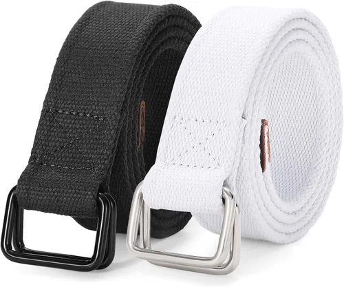 Vista 13 de JASGOOD Cinturones de tela de lona para hombre, cinturones casuales de tela con hebilla de doble anillo negro, paquete de 2