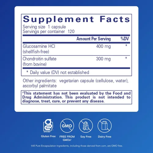 Vista 2 de Pure Encapsulations Glucosamina HCl Condroitina Hipoalergénico Dual Apoyo de fuerza para una movilidad y función articular saludables* 120