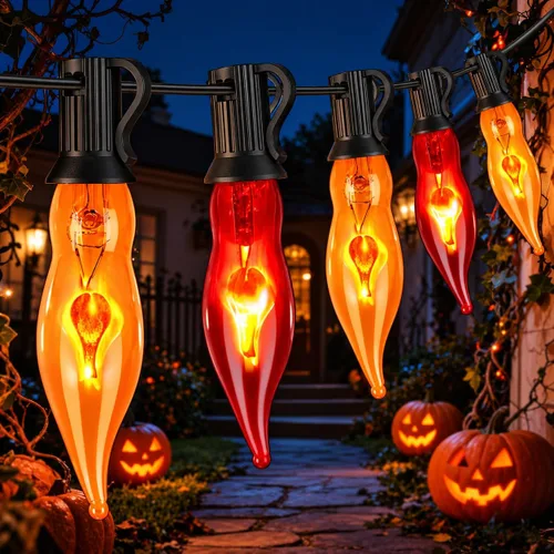 Vista 11 de Couah - Tira de luces de llama parpadeante de Halloween, color naranja, tira de luces C18 parpadeantes de 10 pies, base C18 E12, luces de chimenea