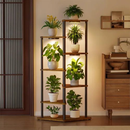Vista 9 de iDavosic.ly Soporte alto para plantas con luces de cultivo para macetas grandes y resistentes, estante de flores de esquina interior de 4 niveles