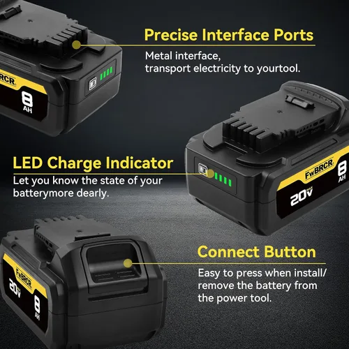 Vista 4 de 8.0Ah 20 voltios de repuesto para batería Dewalt 20V Max compatible con baterías Dewalt DCB200 DCB204 DCB206 DCB201 DCB203 DCB181 DCB180 paquete de 2