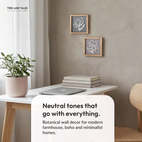Vista 7 de Tide and Tales Arte de pared floral botánico 3D (juego de 2 marcos) listo para colgar, decoración bohemia ligera para paredes, decoraciones Naturales
