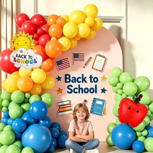 Vista 4 de Decoraciones de fiesta de regreso a clases, kit de arco de guirnalda de globos arcoíris con globos de aluminio de manzana para graduación, primer