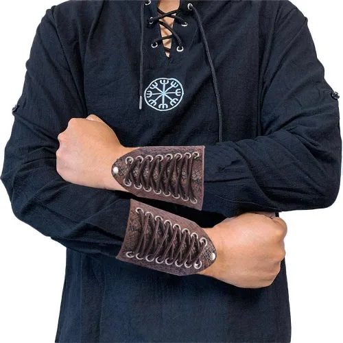 Vista 3 de Brazaletes de cuero medievales Vambrace de cuero protectores de brazo de tiro con arco brazaletes vikingo muñequera para hombres y mujeres