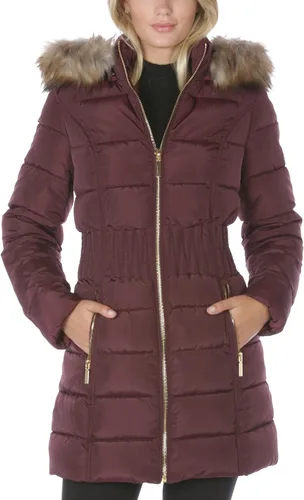 Vista 22 de Laundry by Shelli Segal Chaqueta acolchada elástica para mujer, abrigo largo de invierno con capucha de piel sintética