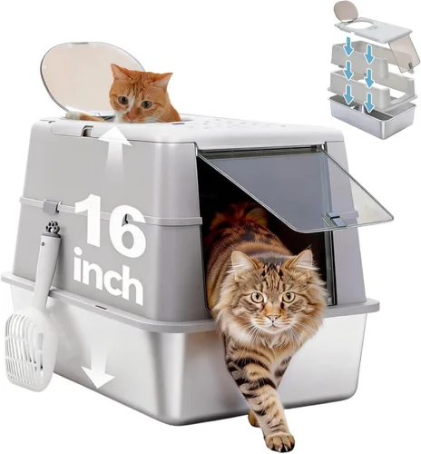 Vista 9 de PAWZ Road Caja de arena para gatos de acero inoxidable, caja de arena cerrada XL extra grande con bandeja de metal antiadherente, lados de 16