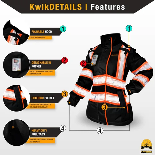 Vista 4 de KwikSafety BOMBTRESS Safety Bomber Jacket for Women ANSI OSHA Hi Vis PPE Negro + ribete naranja Mujer