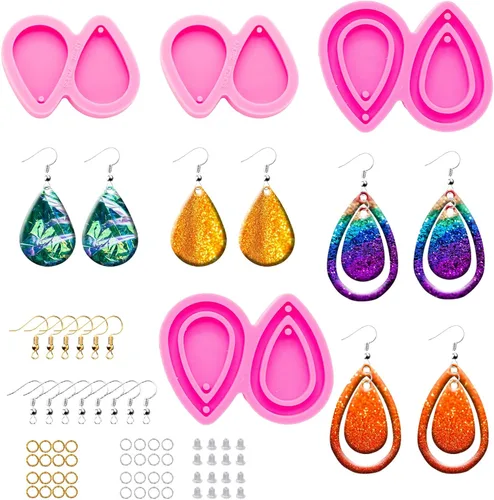 Vista 9 de Kit de 103 moldes de resina para aretes de bricolaje – Gota de lágrima/cuadrángulo/molde de silicona con forma de círculo retro, molde de fundición