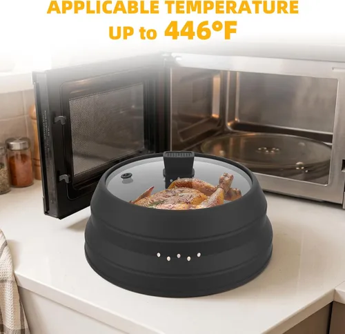 Vista 2 de Cubierta alta para salpicaduras de microondas, tapa protectora de vidrio de 5.8 pulgadas de altura con silicona plegable para plato de olla de Negro
