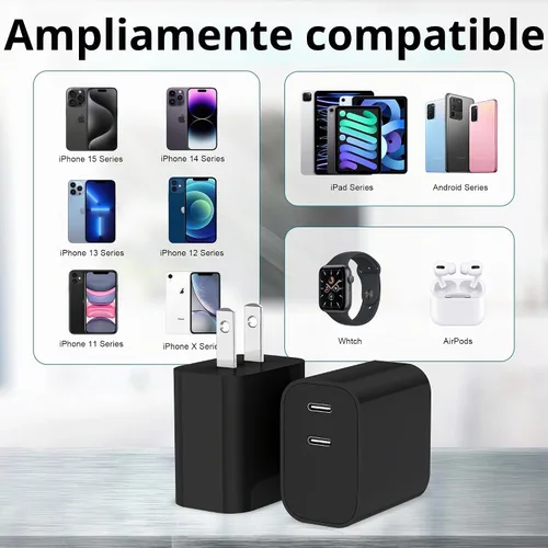 Vista 7 de Paquete de 3 bloques de cargador USB C, enchufe de pared rápido de 20 W de doble puerto (negro)