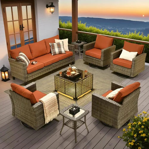 Vista 27 de ovios Juego de muebles de patio de 4 piezas con sofá de exterior, luces solares, mesa, cojines cómodos, sofá de conversación de mimbre de ratán