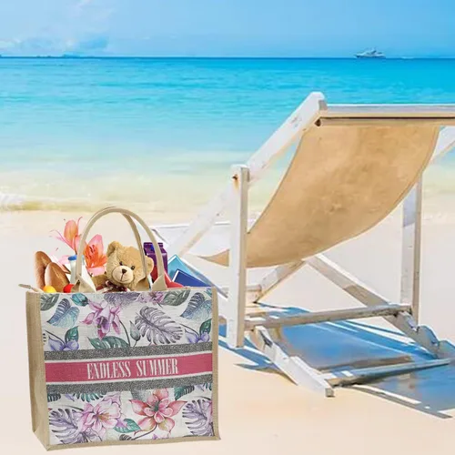 Vista 3 de JNF Bolsa de playa de yute para mujer, bolsa de arpillera con cremallera, reutilizable, con asa