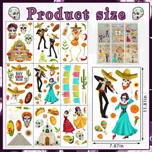 Vista 2 de 9 calcomanías para ventana de cristal del Día de los Muertos para ventanas de vidrio, removibles, calcomanías de doble cara con calavera de azúcar