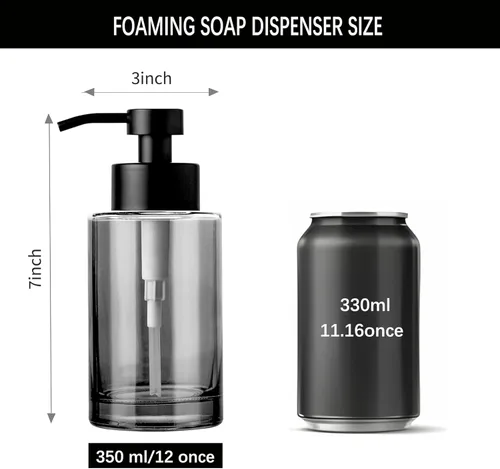 Vista 4 de Enra Dispensador de jabón espumoso, dispensador de jabón de vidrio grueso negro de 12 onzas para baño y cocina con bomba de acero inoxidable
