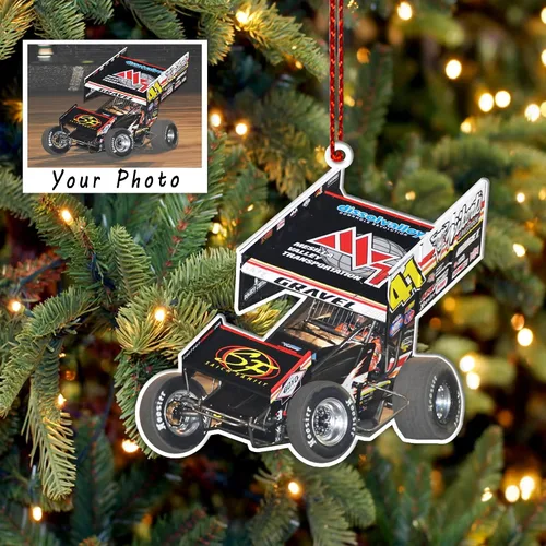 Vista 2 de Adorno de Navidad con foto personalizada para amantes de las carreras de modelos tardíos por Kool-Kool, regalo de carreras de pista de tierra