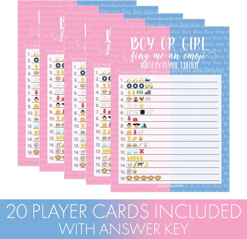 Vista 3 de DISTINCTIVS Tarjetas de juego de emoji para fiesta de revelación de género - 20 unidades 20 Game Cards, 5" x 7", Answer Key Included, Pink Blue