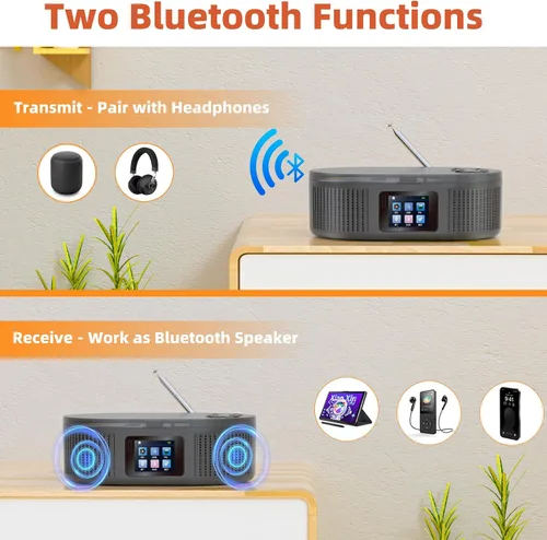Vista 3 de DESOBRY, Reproductor de CD Boombox portátil con modos Bluetooth TX/RX y Negro