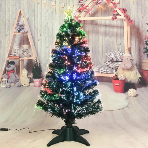 Vista 3 de Árbol de Navidad artificial de fibra óptica preiluminado de 3 pies con estrella superior, mini árbol de Navidad de mesa con iluminación multicolor