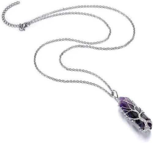 Vista 2 de PESOENTH Árbol de la vida Reiki - Collar con colgante de cuarzo transparente con piedra de energía de cristal curativo de reiki, envuelto en alambre