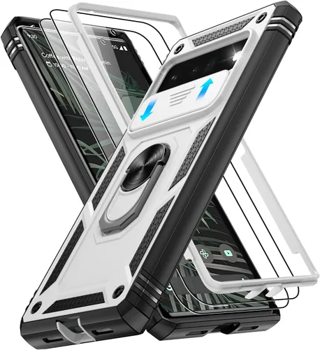 Vista 308 de Gritup Funda para Google Pixel 6 con cubierta deslizante para cámara y protector de pantalla (2 unidades), soporte de anillo giratorio 360°, funda