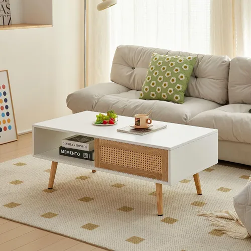 Vista 4 de IANIYA Mesa de centro con almacenamiento oculto, mesa central rectangular de 41.3 pulgadas con puerta tejida de ratán y patas de madera maciza