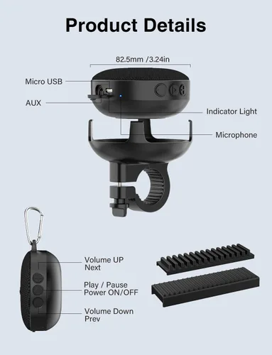 Vista 9 de Altavoz Bluetooth portátil Onforu para bicicleta, impermeable IP65, mini altavoces de ducha al aire libre para viajes, altavoz inalámbrico para Negro