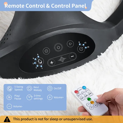 Vista 3 de LAREX Columpio de bebé eléctrico portátil para recién nacidos, niños pequeños, 5 velocidades de balanceo con control remoto, 10 melodías Negro