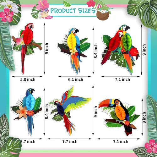 Vista 6 de 6 piezas de recortes de panal de pájaros tropicales – Decoración hawaiana Luau Tropical para verano, playa, selva, safari, selva tropical, fiesta