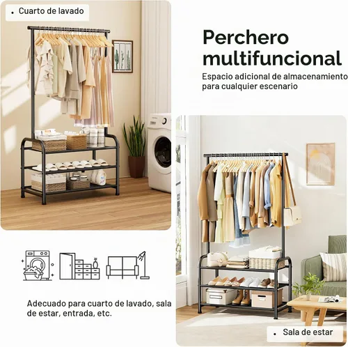 Vista 6 de MISSLO Estantes para ropa resistentes para colgar ropa con 3 estantes, estante para ropa resistente con almacenamiento para zapatos para abrigos