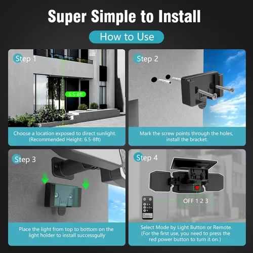 Vista 6 de Luces solares impermeables para exteriores, 2800 lm, 200 luces LED con sensor de movimiento, 3 cabezales y 3 modos de luces de inundación, luces