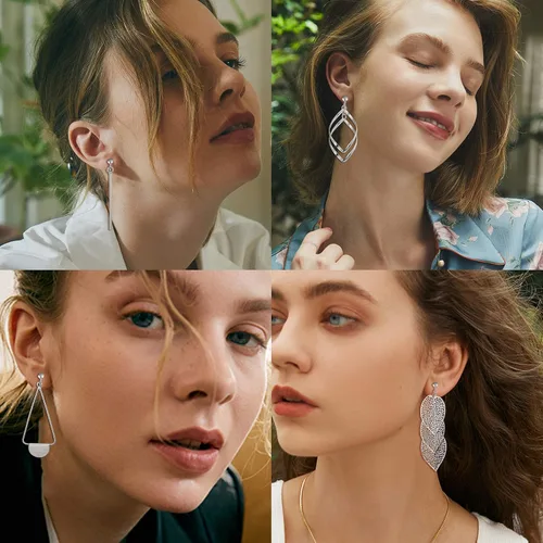 Vista 5 de Florideco - Juego de 4 pares de pendientes de clip para mujer, diseño de hoja larga, diseño de hoja hueca