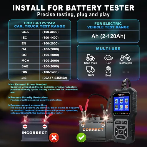 Vista 6 de BT60 Pro Probador de Batería de Coche, Analizador Digital con Impresión en la Nube, Verificador de Batería de 6V/12V/24V para AGM, Litio