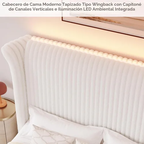 Vista 6 de Marco de Cama Queen con Cabecera Alta Tipo Ala de Piel Sintética de 54", Cama Plataforma Tapizada con Luz LED, Base de Colchón con Soporte