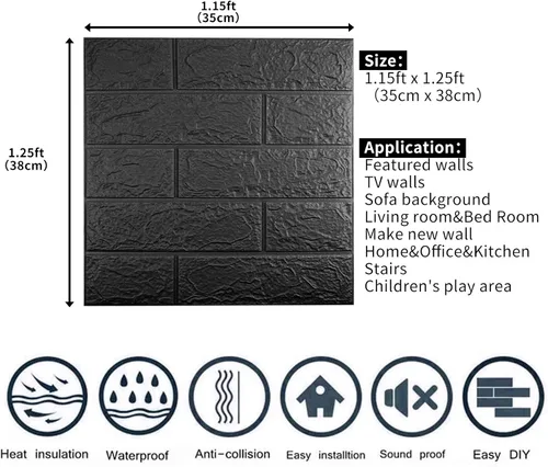 Vista 2 de 10 paneles de pared 3D negros, cobertura de 14.5 pies cuadrados, adhesivo imprimible con paneles de pared de espuma de polietileno autoadhesivos