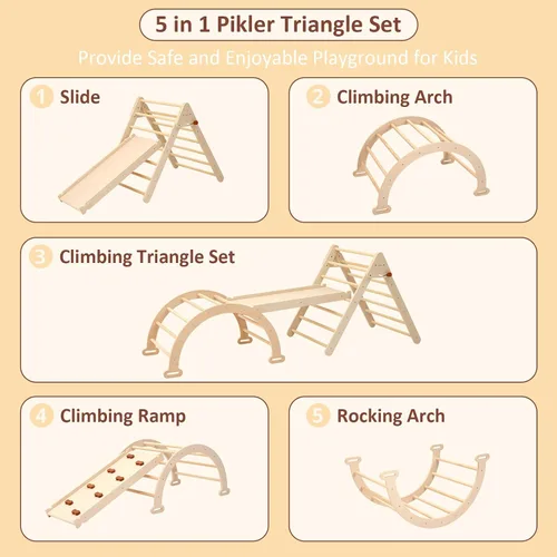 Vista 6 de Pikler - Juego de escalada triangular plegable para niños, 7 en 1, Montessori, grandes juguetes de escalada de madera, gimnasio de selva