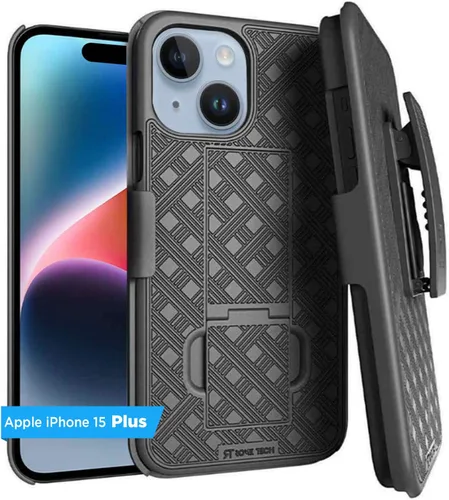 Vista 9 de Funda diseñada para iPhone 15 con funda de clip para cinturón, funda con función atril, color negro